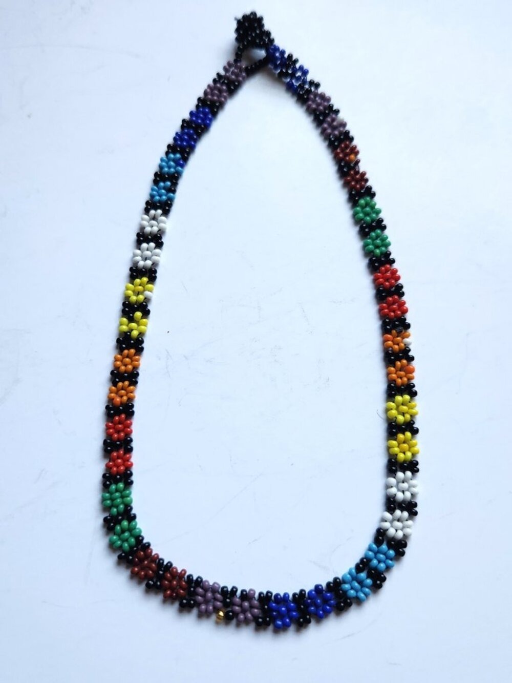 Vintage 1970s Glass Seed Bead Daisy Chain Flower Link Choker Necklace 14.75”